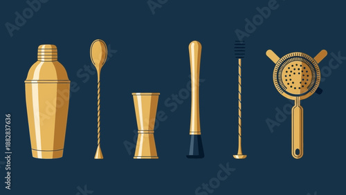 Elegant Bar Tools Set Depicted With Metallic Gold Against A Deep Blue Background