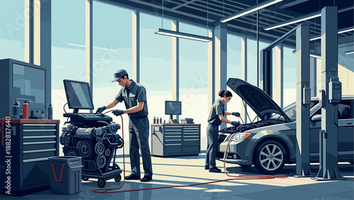 Professional auto mechanics in modern car repair workshop