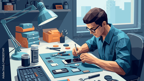 Focused technician repairing smartphone on desk in modern workspace