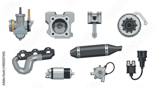 Automotive parts collection featuring exhaust, spark plug, and piston in modern flat design