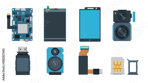 Flat style collection of electronic components and gadgets
