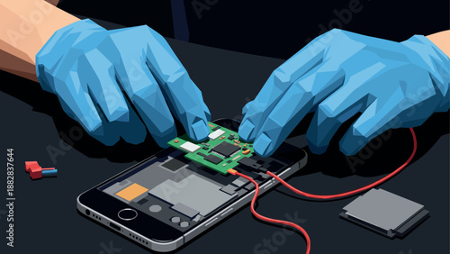 Technician repairing smartphone motherboard with precision in low poly style