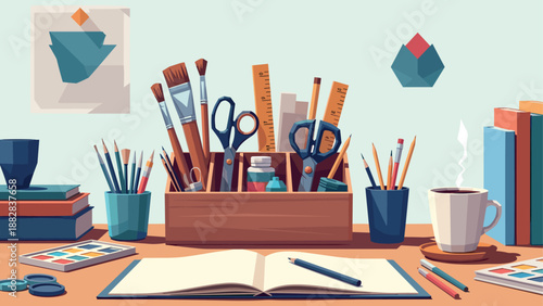 Creative workspace: art supplies and coffee in a cozy studio setting
