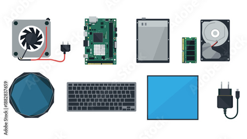 Flat design computer hardware components set for tech projects