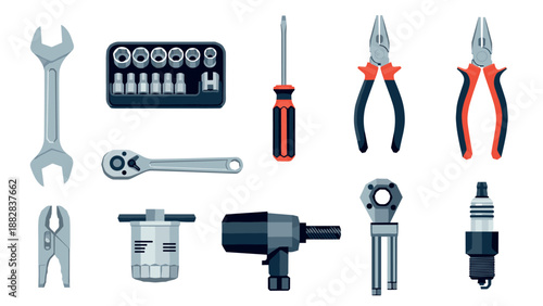 Comprehensive toolkit collection: wrench, pliers, screwdriver, and more in detailed flat design
