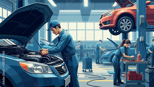Auto repair workshop with mechanics working on cars in busy garage