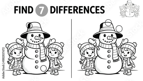 a black and white image showcasing a find seven differences puzzle with snowmen and children in winter attire
