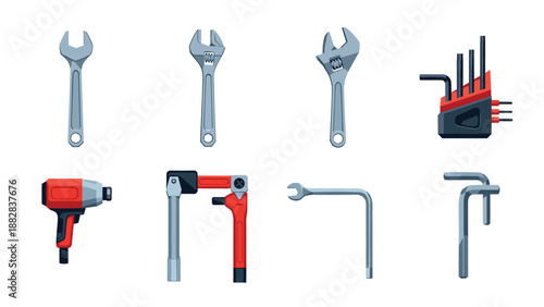 Detailed tool set collection with wrenches and hex keys in modern style