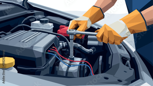 Mechanic fixing car engine with tools in geometric style