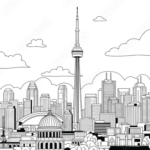 a detailed black and white sketch depicting the toronto skyline with its iconic cn tower and surrounding buildings