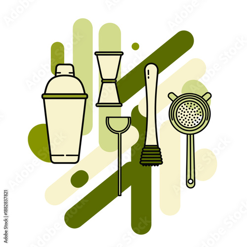 Elegant Bartender Tools Collection Featuring Stylized Green Abstract Background Design