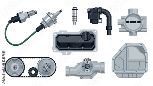 Automotive engine parts set with flat design: spark plug, air filter, fuel injector, and more