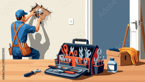 Professional handyman repairing wall with toolbox and tools in a modern interior setting