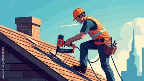 Construction worker using nail gun on roof in vibrant illustrated style