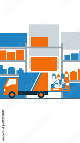 Efficient Logistics Solutions: Modern Warehouse Operations with Delivery Truck and Stock