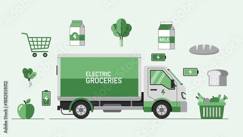 Electric Groceries Delivery Concept Illustrates Eco-Friendly Transport and Fresh Food Supply