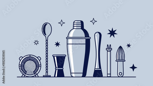 Elegant Bar Illustration Showcasing Cocktail Making Tools And Starry Decorations