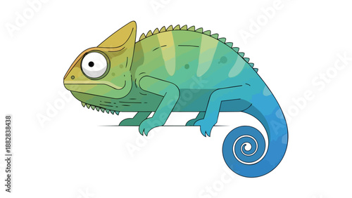 A charming vibrant chameleon illustration showcases a delightful reptile with gradient hues of green and blue, featuring large inquisitive eyes and