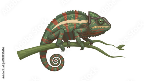 Vibrantly patterned chameleon resting on a verdant branch showcasing its unique reptilian features