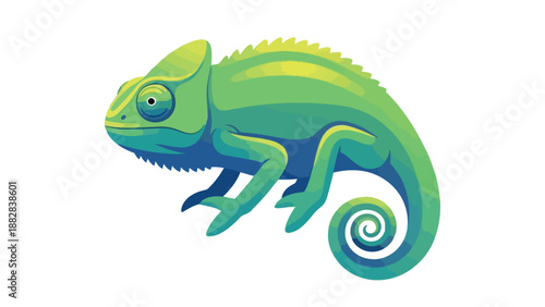Vibrant emerald and aqua chameleon illustration with a distinctive curled tail isolated on white backdrop digital art featuring a captivating