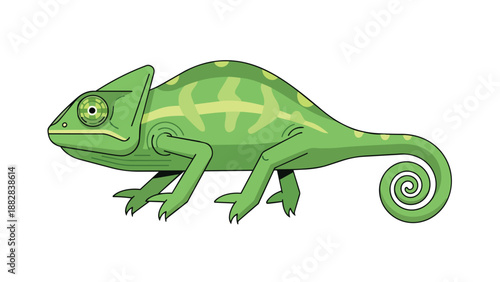 Vibrant green chameleon digital art, featuring unique crest, prominent eye, and spiraled tail