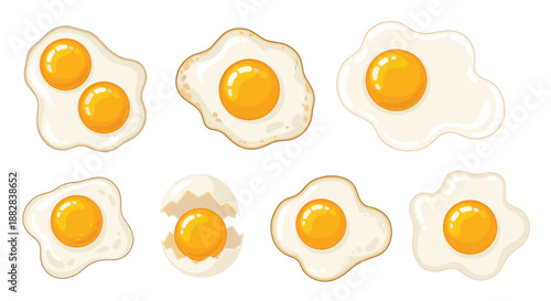 Collection of fried eggs prepared in different styles including sunny side up, double yolk, and a raw egg in its cracked shell on a white background.