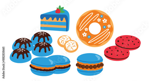 Assorted blue themed desserts and pastries including a slice of cake, a decorated donut, macarons, and cookies with chocolate toppings.