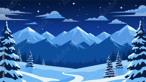 Beautiful Winter Mountain Landscape Vector Illustration with Snow-Covered Trees and a Winding Path Under a Starry Night Sky