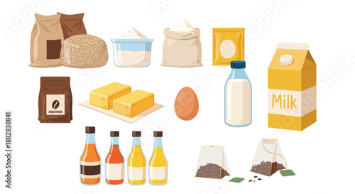 Collection of common kitchen baking ingredients like flour, milk, butter, fresh eggs, oil, and coffee beans on a clean white background.
