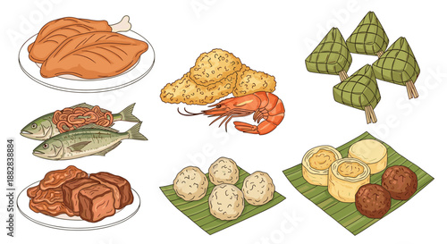 Assorted traditional Asian food dishes including fried chicken, fish, meatballs, and rice wrapped in leaves in a simple illustrated style.