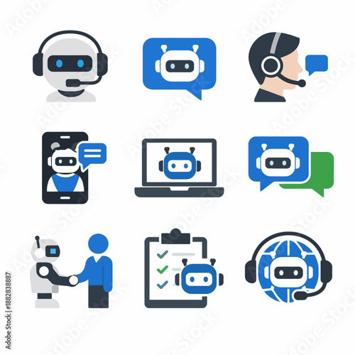 Chatbot interaction and ai communication icons with robots and devices