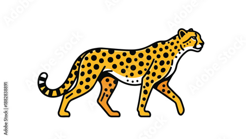 Stylized graphic illustration of a majestic cheetah walking gracefully showcasing vibrant yellow fur and distinctive black spots on a pristine white
