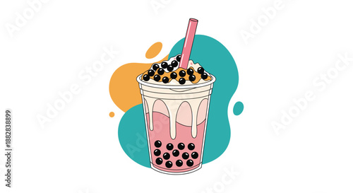 Delicious pink strawberry bubble tea or boba drink with black pearls and a straw against a colorful abstract splash on a white background.