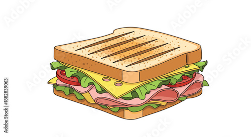 Gourmet grilled club sandwich stacked high with layers of ham, cheese, lettuce, and tomato slices on toasted bread slices.