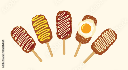Five delicious corn dogs on wooden sticks decorated with various condiments like mustard, ketchup, and even a fried egg on top.