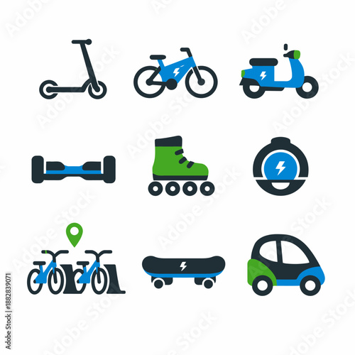 Electric urban mobility icons: scooters, bicycles, skateboards, and microcars
