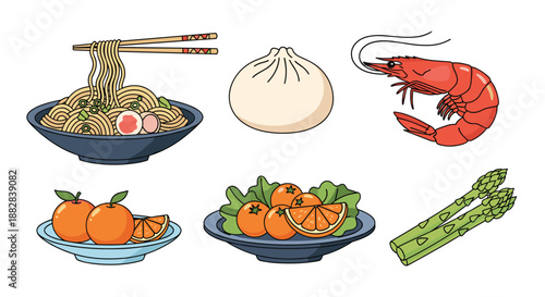 Assortment of Asian culinary elements including a bowl of noodles, steamed dumpling, fresh shrimp, oranges, and asparagus.