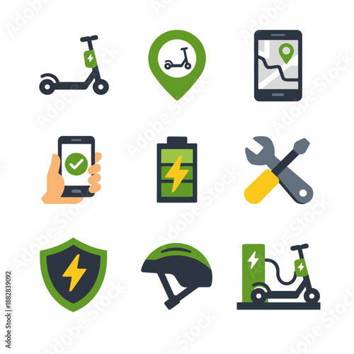 Electric scooter services icons featuring battery, gps, and maintenance tools
