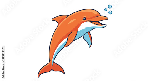 Cheerful orange dolphin leaping gracefully out of the water with tiny blue air bubbles on a clean white background design.