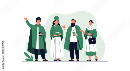 Diverse group of four people dressed in traditional green and white Islamic attire standing together in a friendly pose.