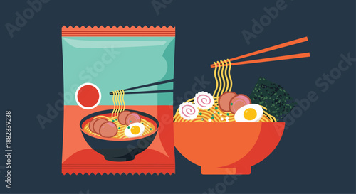 Instant noodle packaging shown next to a prepared bowl of ramen with egg, pork, and seaweed for a quick and easy meal option.