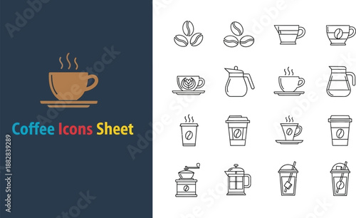 Black outline icon sheet of coffee drinks and cafe related items