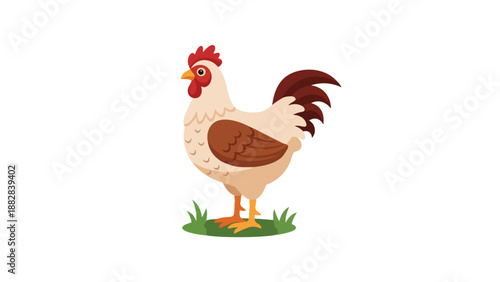 Vibrant cheerful cartoon rooster proudly stands on green grass showcasing distinctive red comb and brown feathers on pure white background excellent