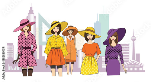 Group of five fashionable women wearing stylish outfits and large hats standing against a purple city skyline illustration.