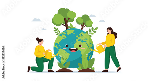 Two women taking care of the planet by watering a happy cartoon Earth surrounded by growing green plants and tall trees.