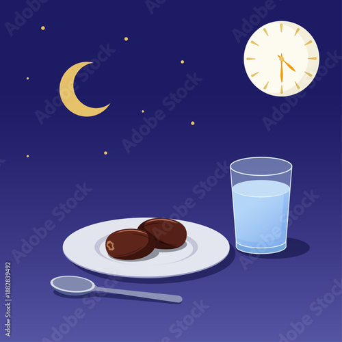Final Moments of Suhoor Flat Illustration with Dates on a Plate; Clock Striking 4:30 for Ramadan Reminder Designs, Prayer Time Visuals, and Minimal Islamic Backgrounds.