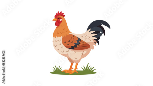 Vibrant cartoon chicken with orange and cream feathers a red comb and dark tail stands on green grass an appealing image for agricultural themes and