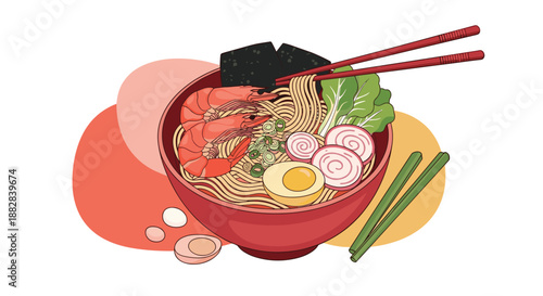 Delicious bowl of traditional japanese ramen noodles served with fresh shrimp, boiled eggs, seaweed, and vegetable garnish.