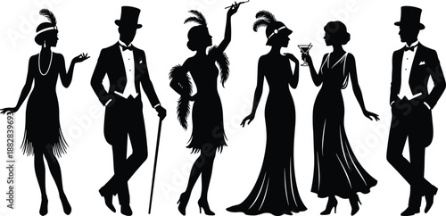 Elegant 1920s Great Gatsby party silhouettes featuring flapper women in fringe dresses and gentlemen in tuxedo formal wear for vintage celebrations.