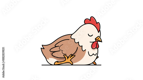 A tranquil cartoon chicken illustration, depicting farm life serenity with a relaxed posture and endearing closed eyes. This charming graphic animal